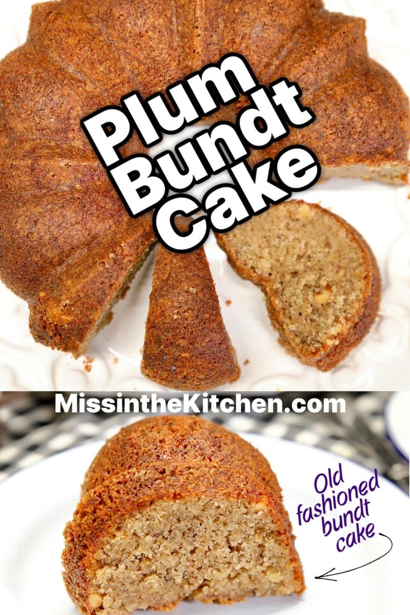 Collage plum bundt cake/sliced on a plate - text overlay.