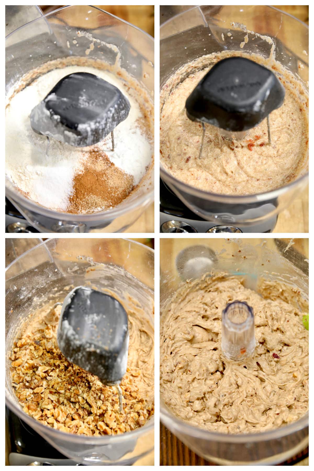 Collage mixing ingredients for plum cake.