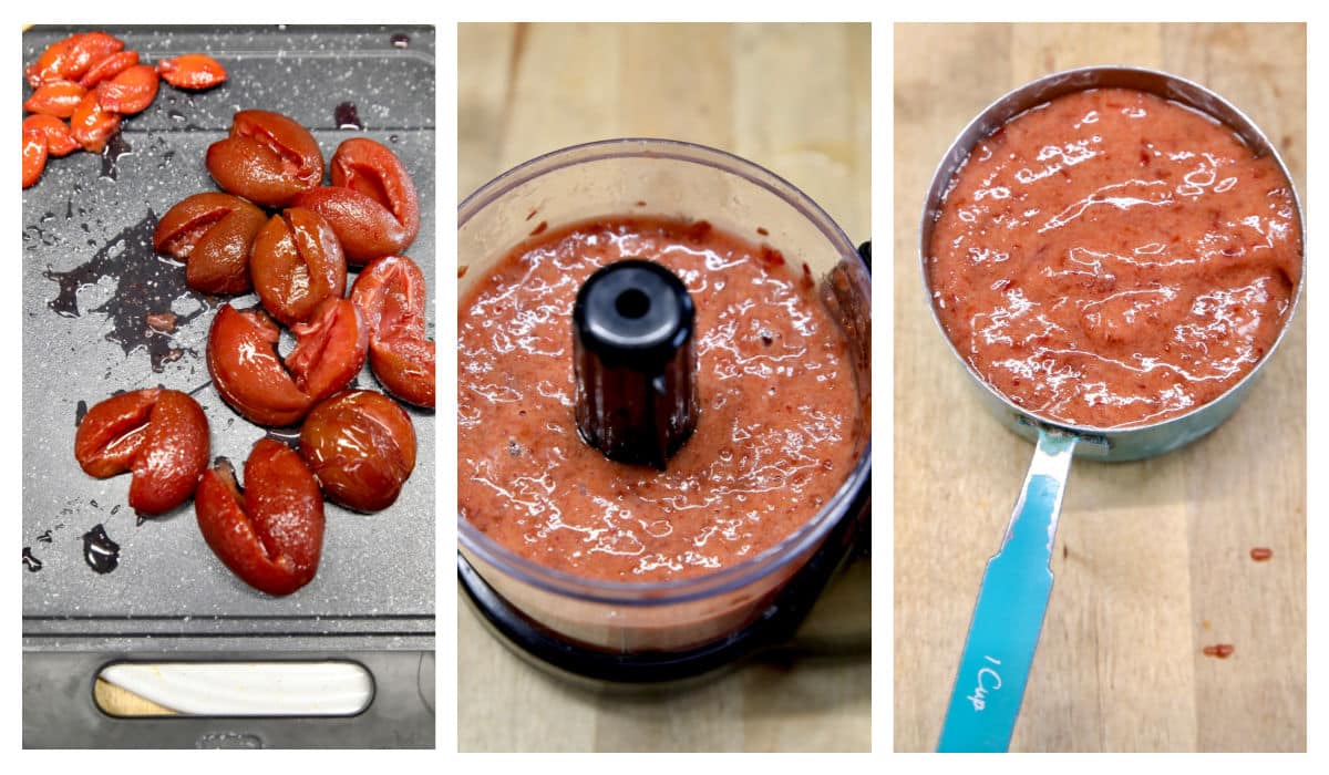 Collage pureeing purple plums.