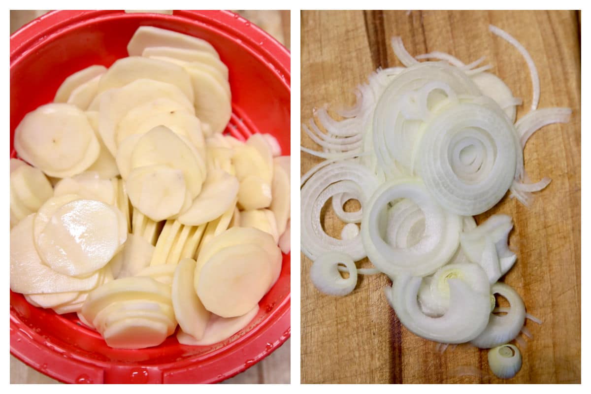 Sliced potatoes and onions collage.