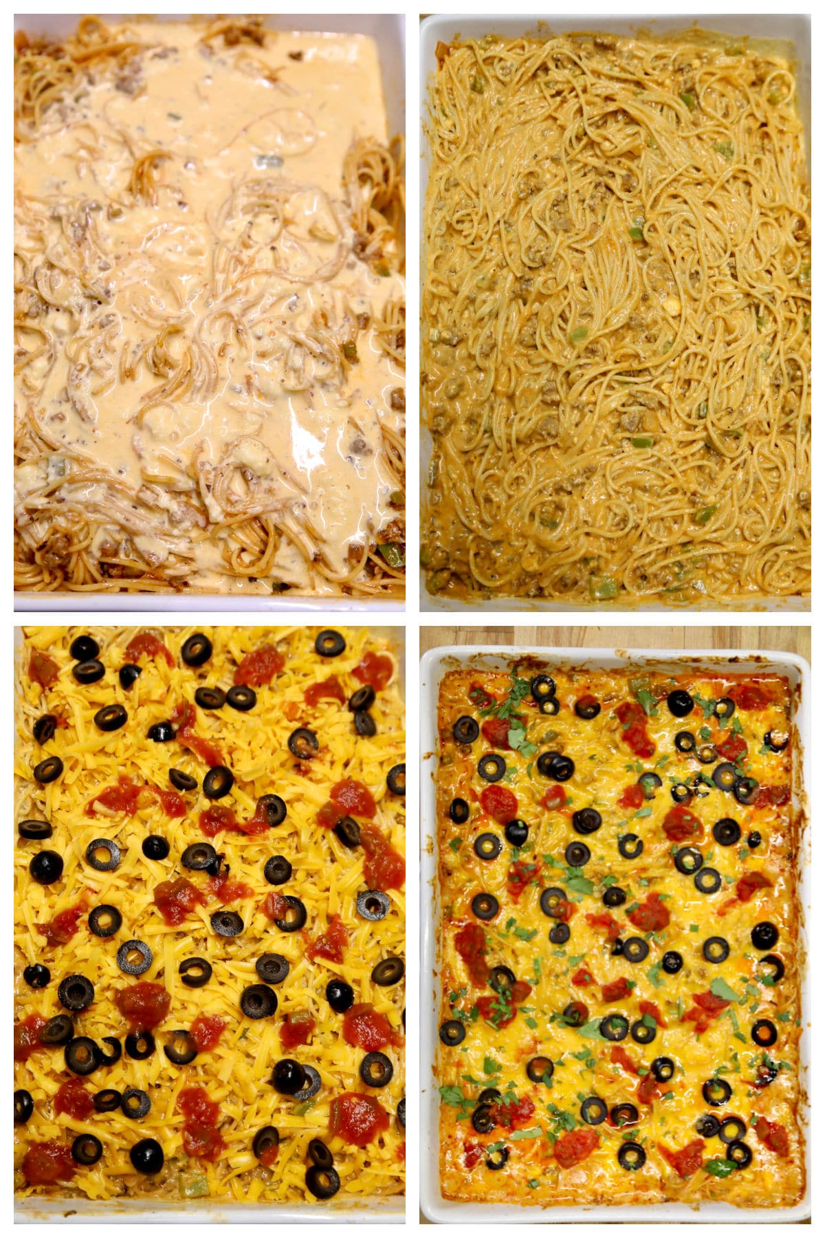 Making spaghetti casserole collage.