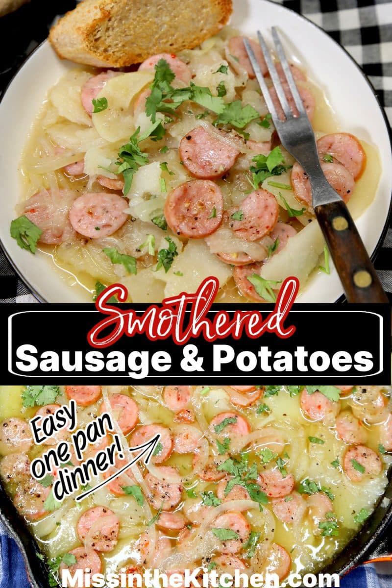 Plate of sausage & potatoes/skillet - text overlay.