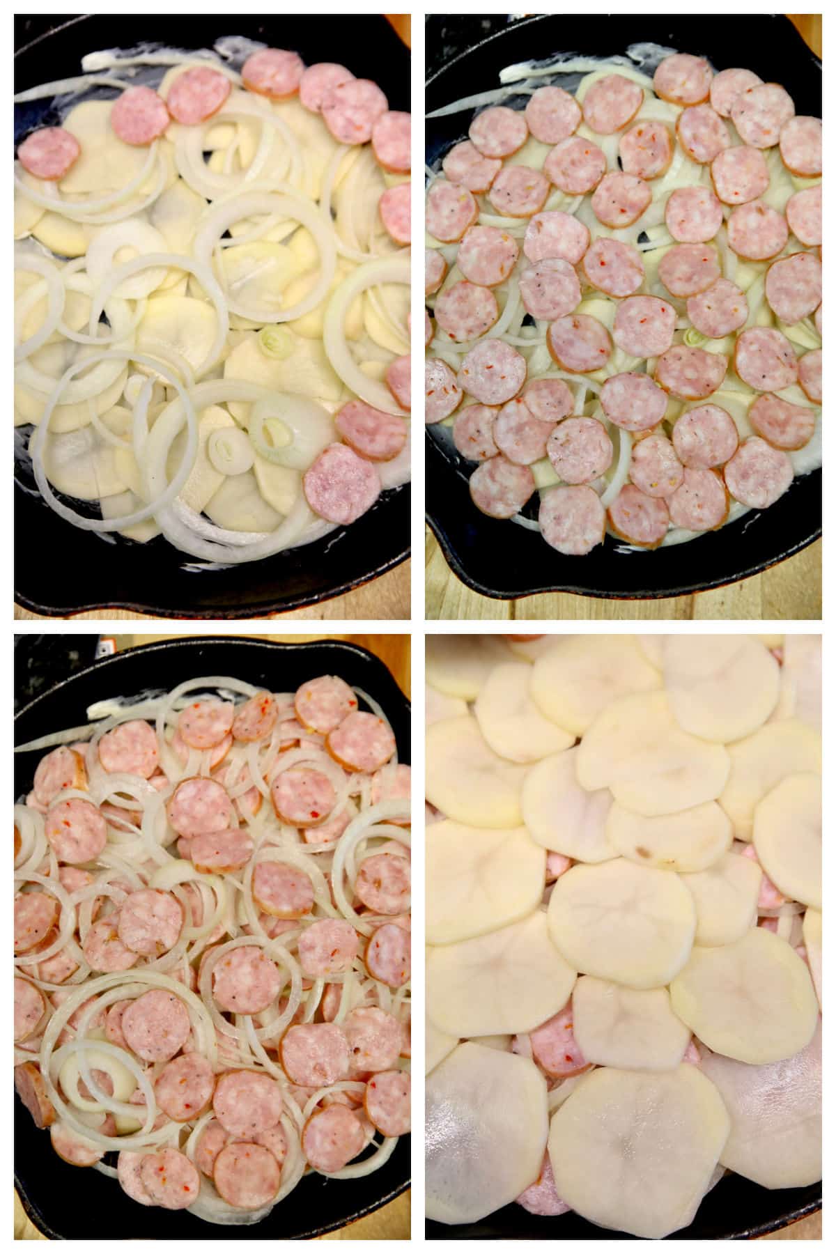 Collage layering potatoes, onions, sausage in a skillet.