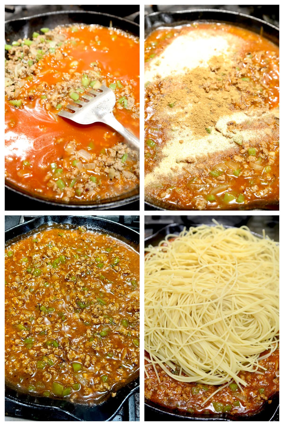 Collage making spaghetti with enchilada sauce.