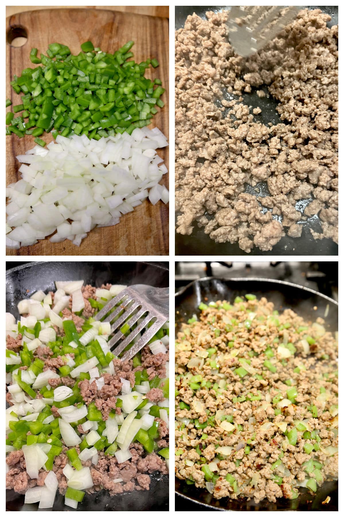 Collage browning ground beef, onions, bell peppers in a skillet.