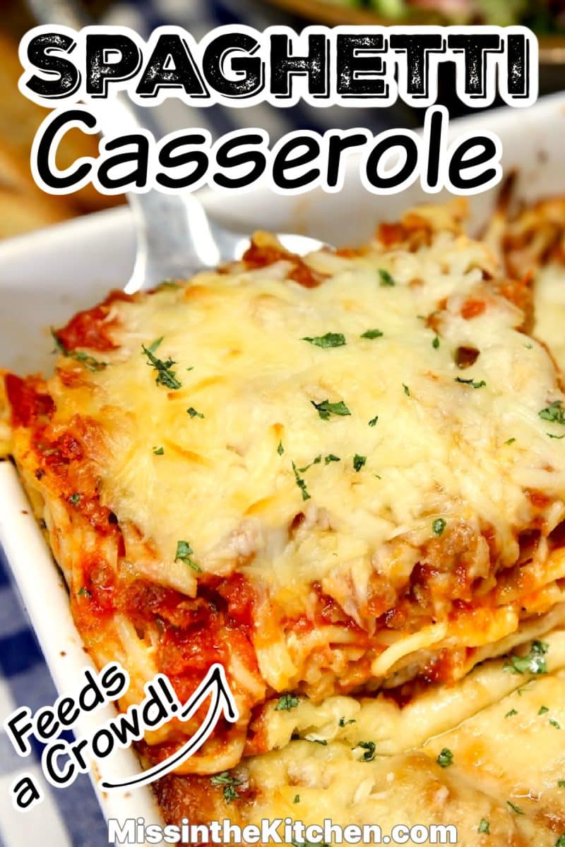 Baked spaghetti casserole on a spatula - text overlay.
