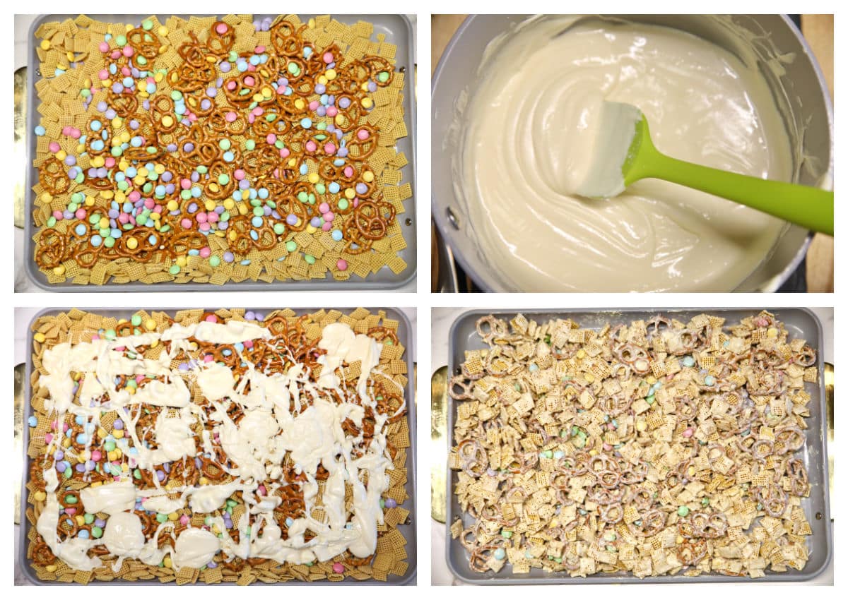 Collage making white chocolate Easter chex mix.