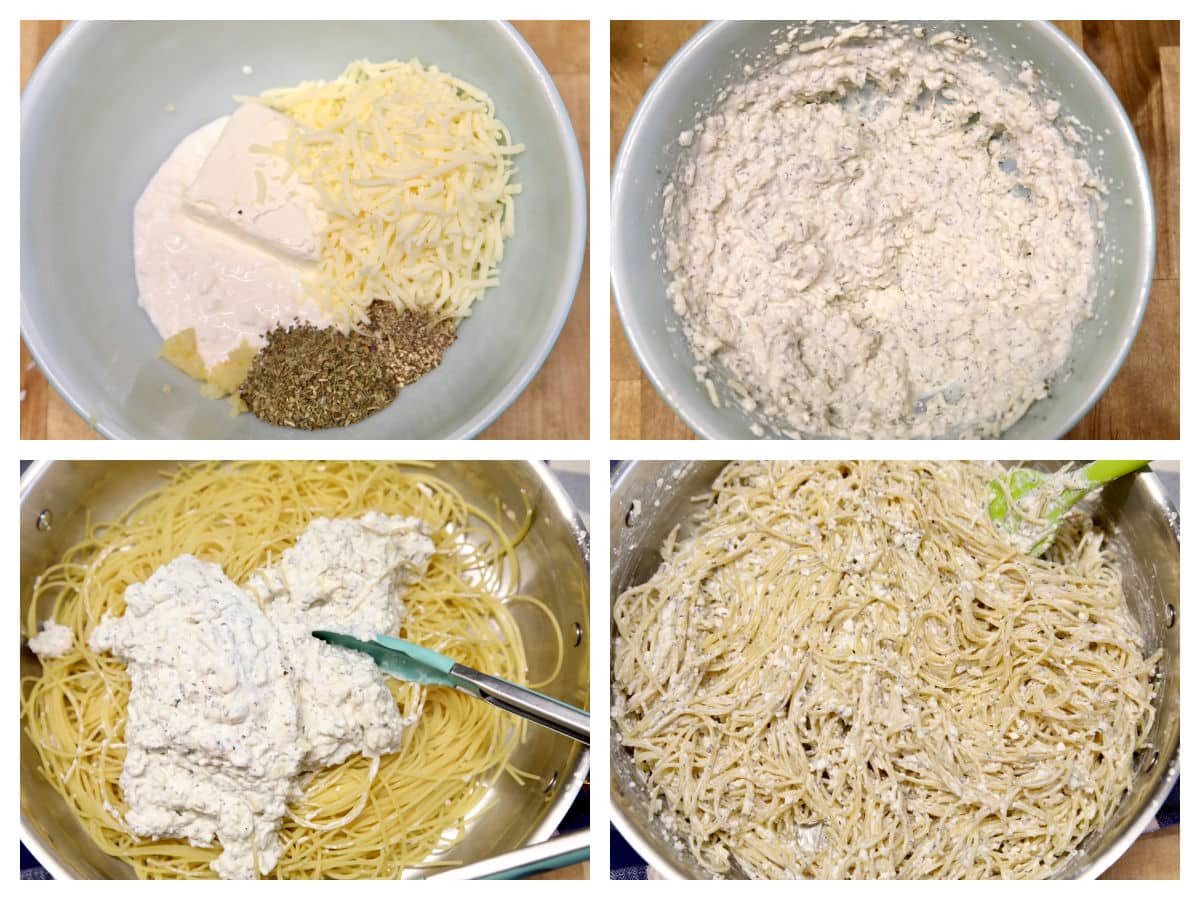 Collage: Mixing cheeses in a bowl, wit spaghetti.