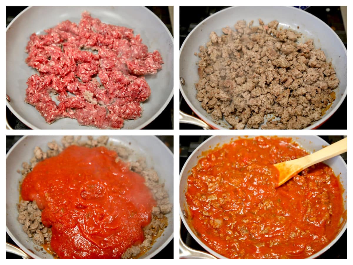 Collage making meat sauce for spaghetti.