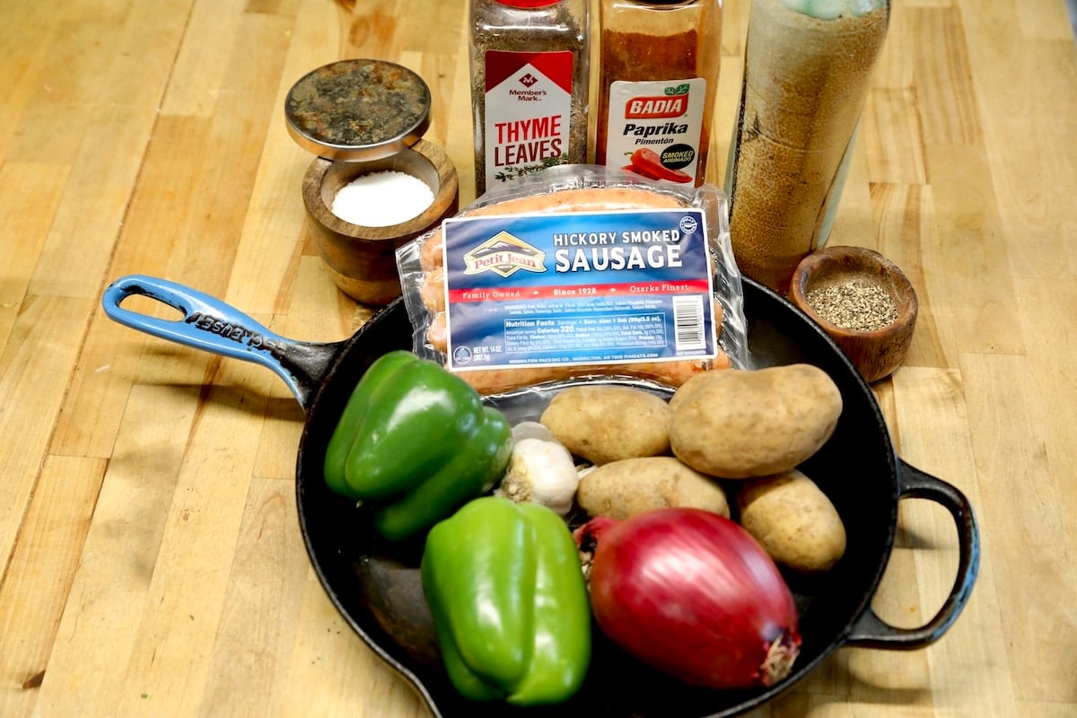 Ingredients for potato and sausage skillet.