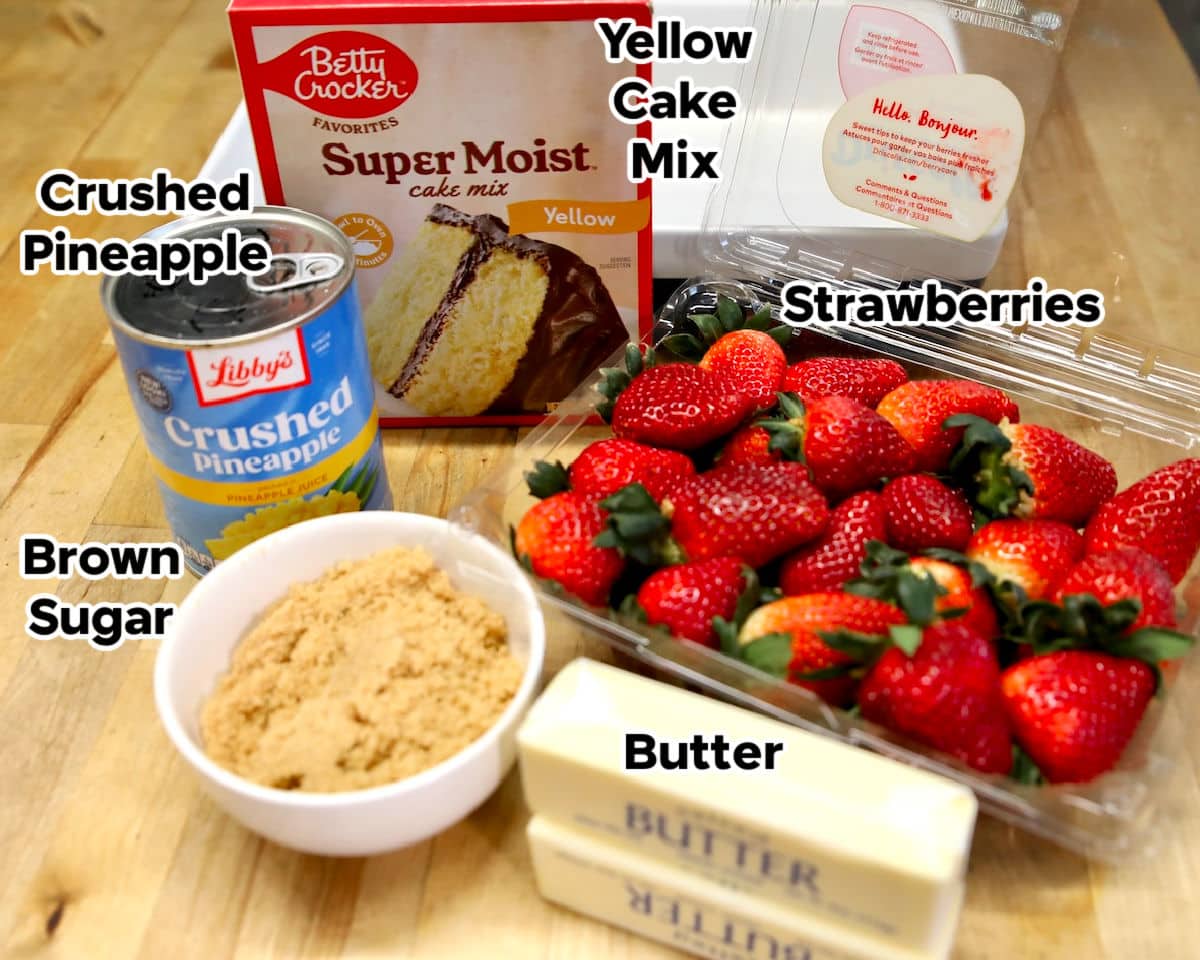 Ingredients for strawberry pineapple dump cake.