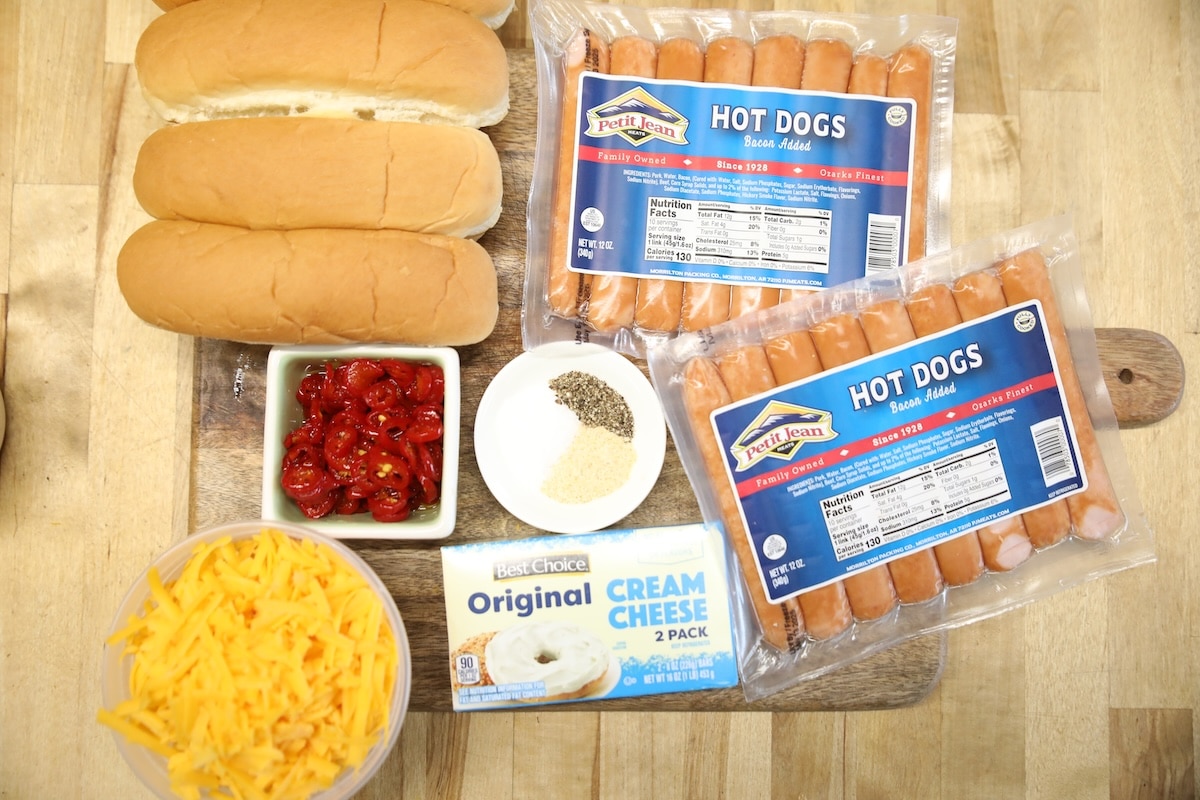 Ingredients for jalapeno popper hot dogs recipe.