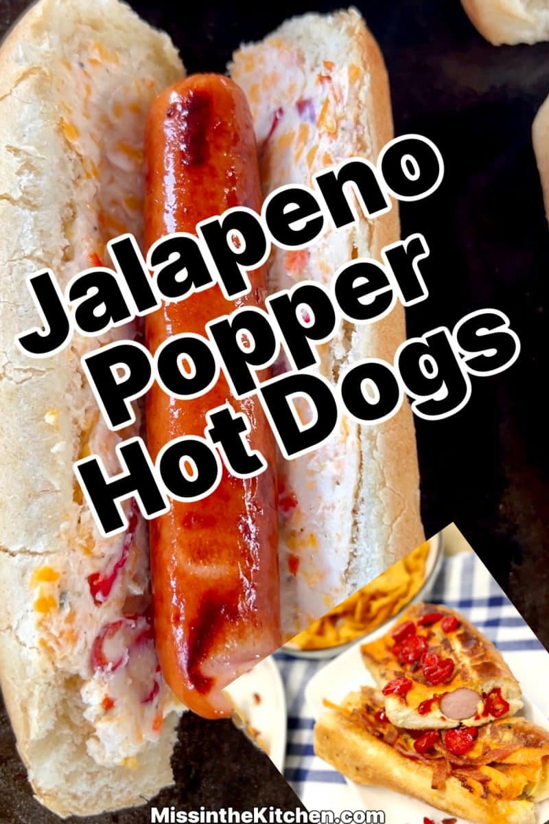 Cream cheese hot dog with text overlay.
