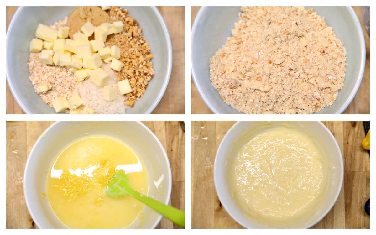 Collage: Oat crumb mixture - mixed/ lemon filling mixture- mixed.