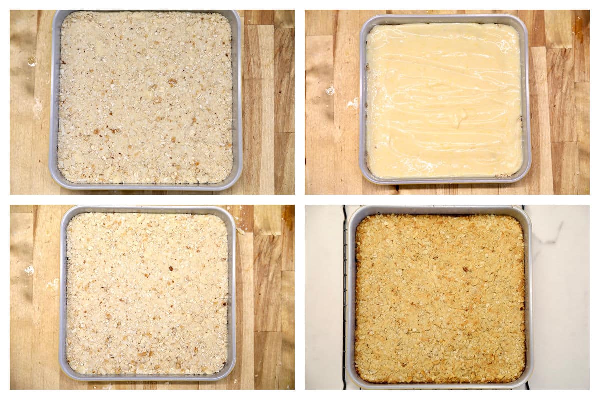 Collage making lemon bars with crumb topping.