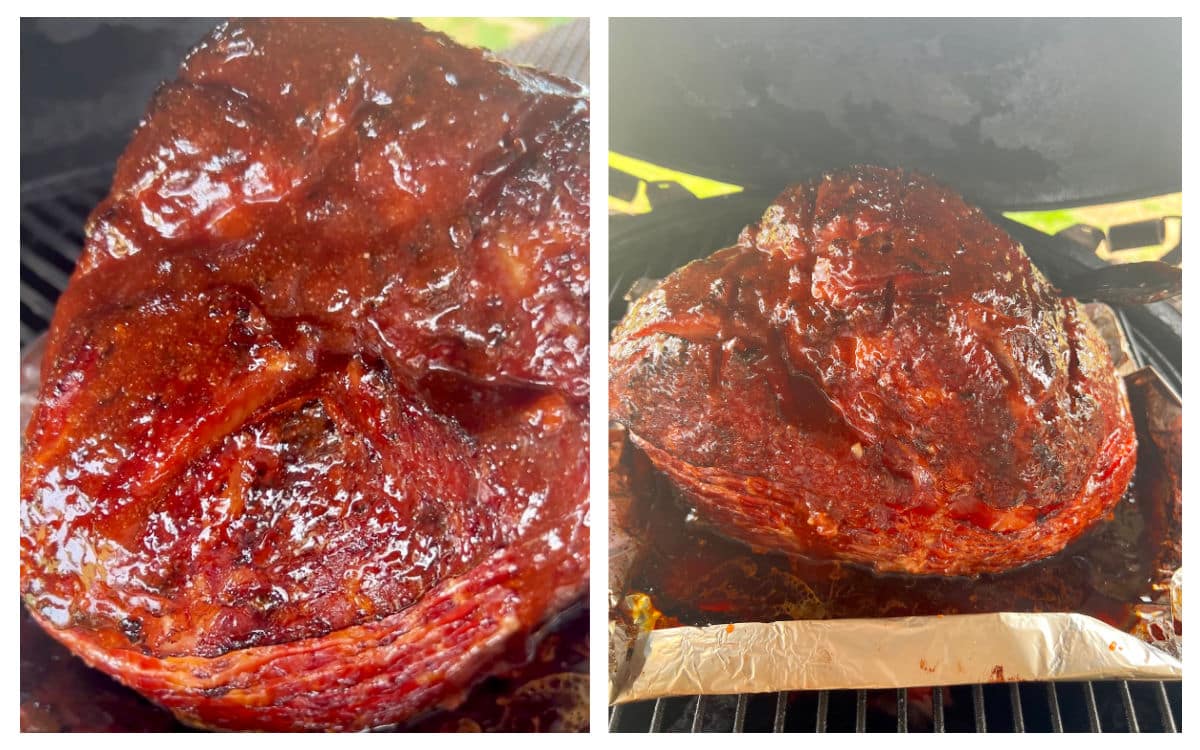 Collage glazing ham with blackberry chipotle sauce.