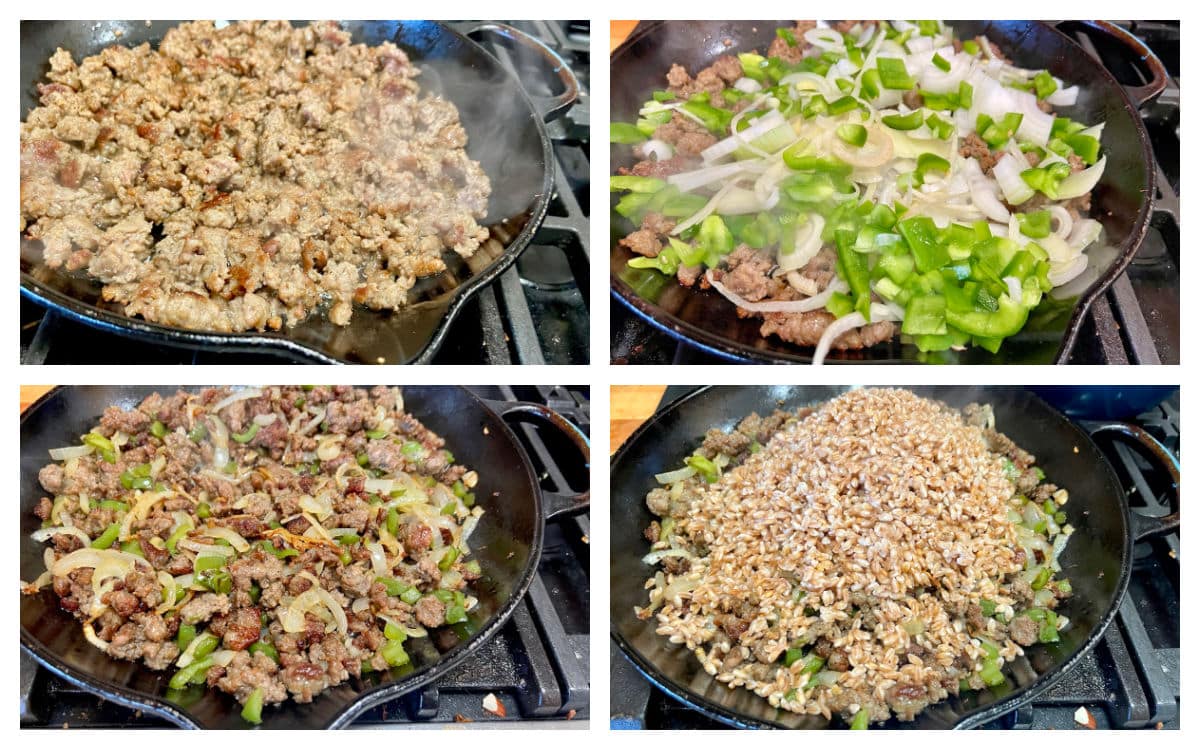 Browning sausage in a skillet, onions, bell peppers, adding farro.