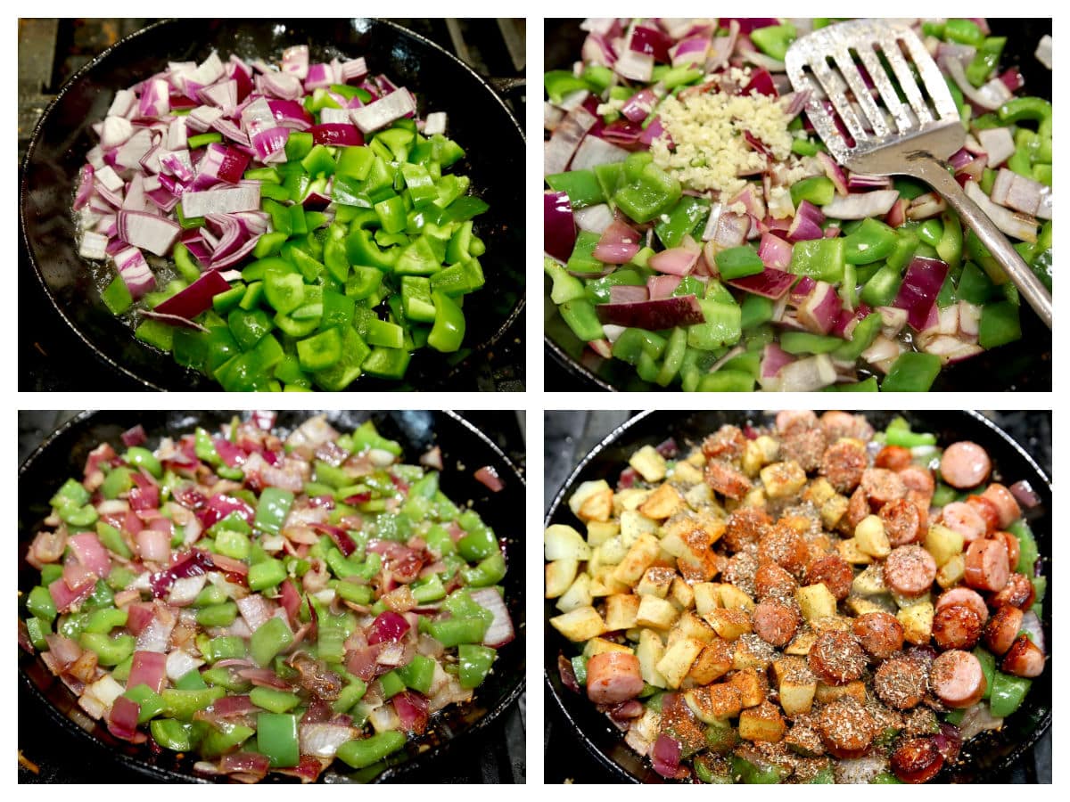 Collage cooking onions, peppers, potatoes, sausage.