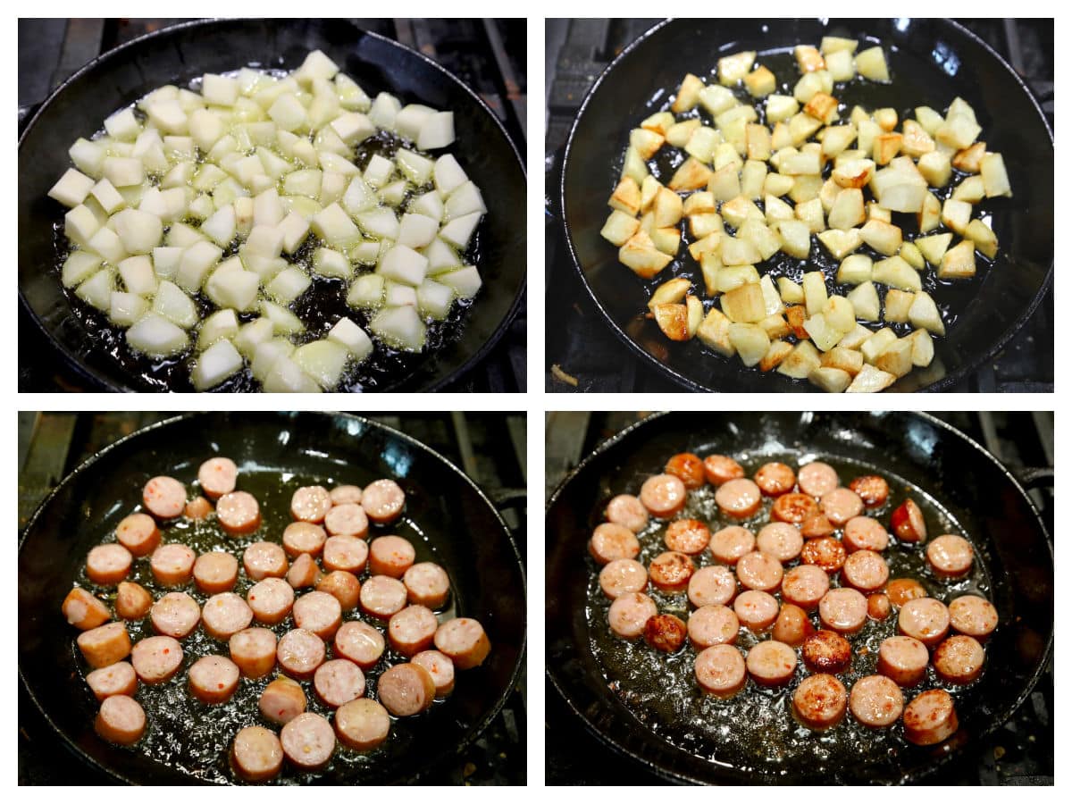 Cooking sausage and potatoes in a skillet.