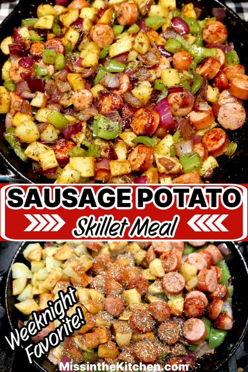 Collage: Skillet hash with potatoes, sausage.