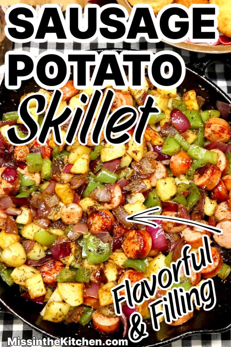 Sausage potato skillet with text overlay.