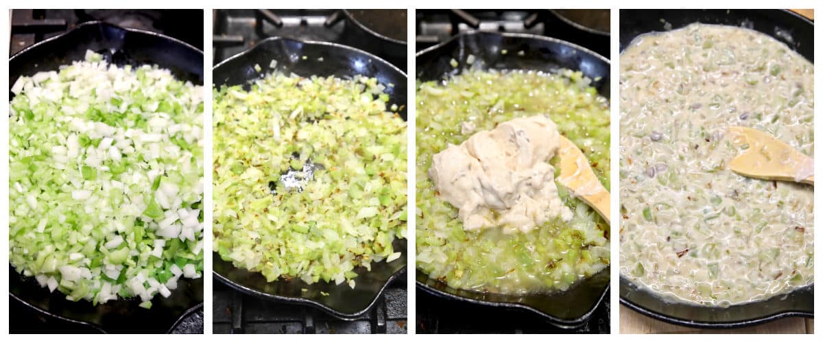Collage cooking vegetables, making sauce for cornbread dressing.