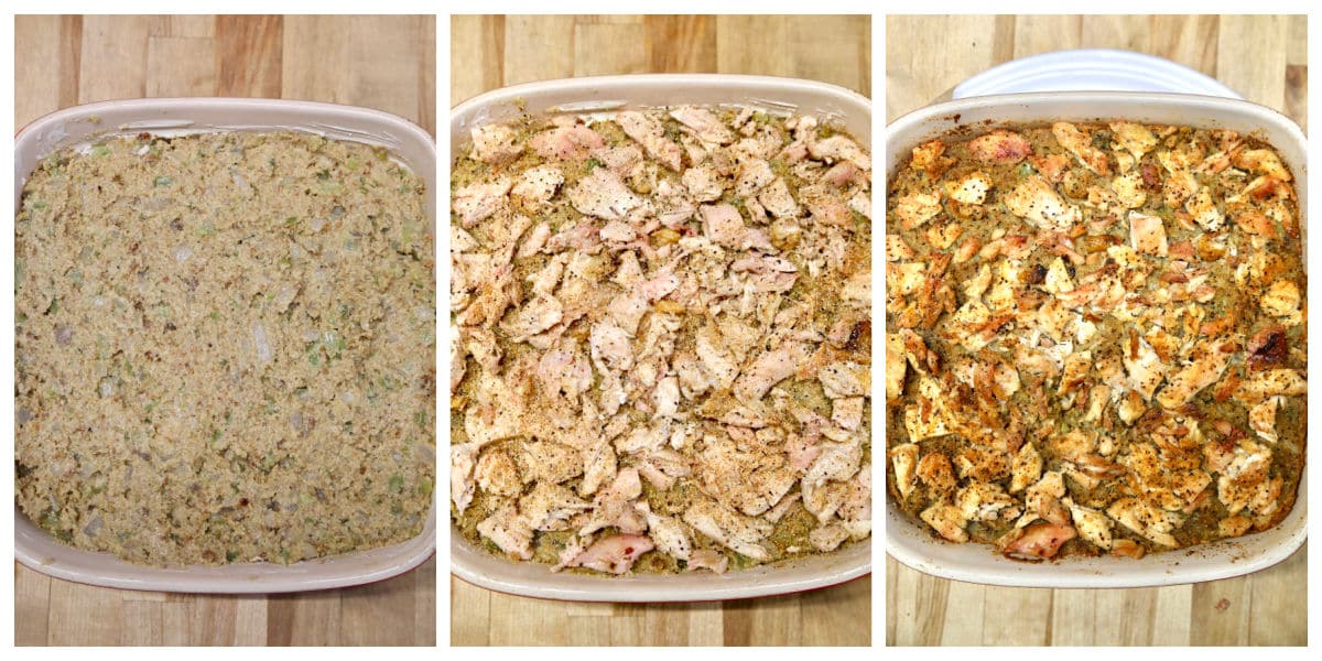 Collage: Cornbread dressing with chicken in a casserole - baked.