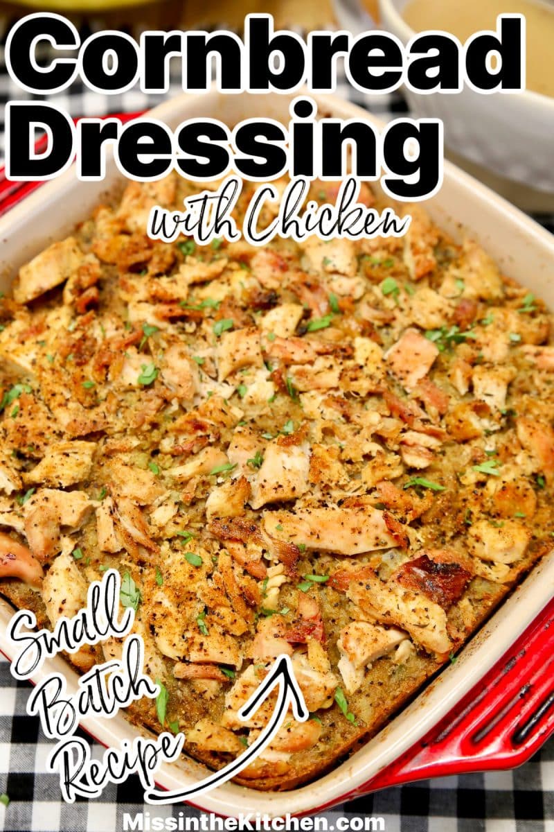 Dressing in a casserole dish - text overlay.