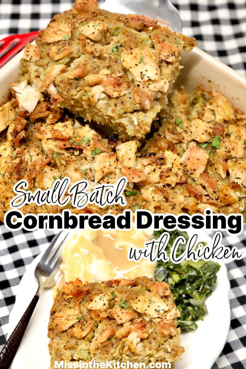 Collage of chicken and dressing small batch recipe.