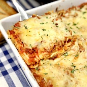 Spatula of baked spaghetti casserole.