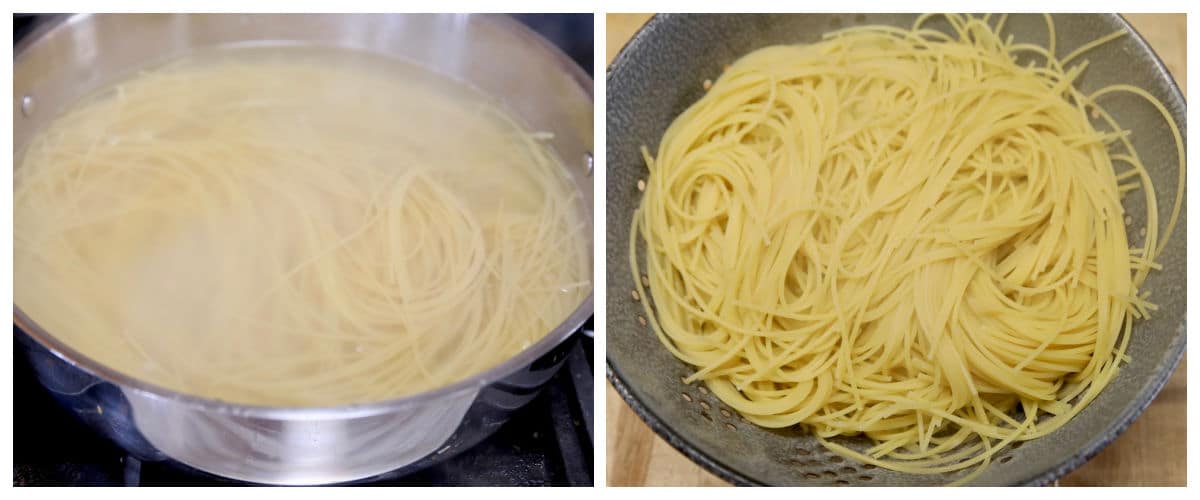 Collage boiling spaghetti - drained.