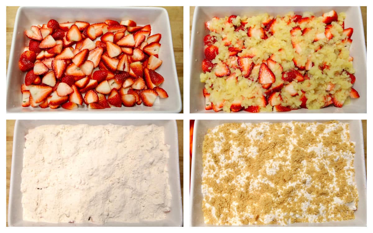 Collage making strawberry pineapple dump cake.