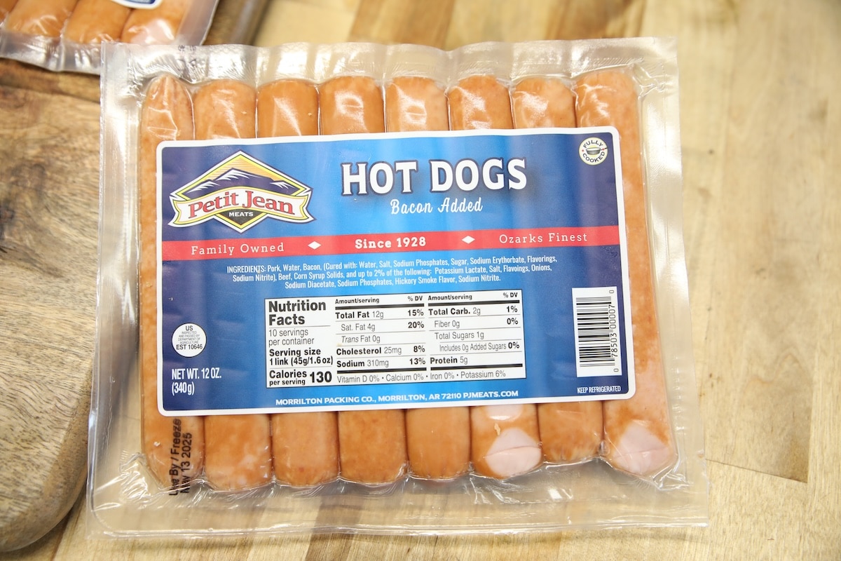 Petit jean meats hot dogs in package.