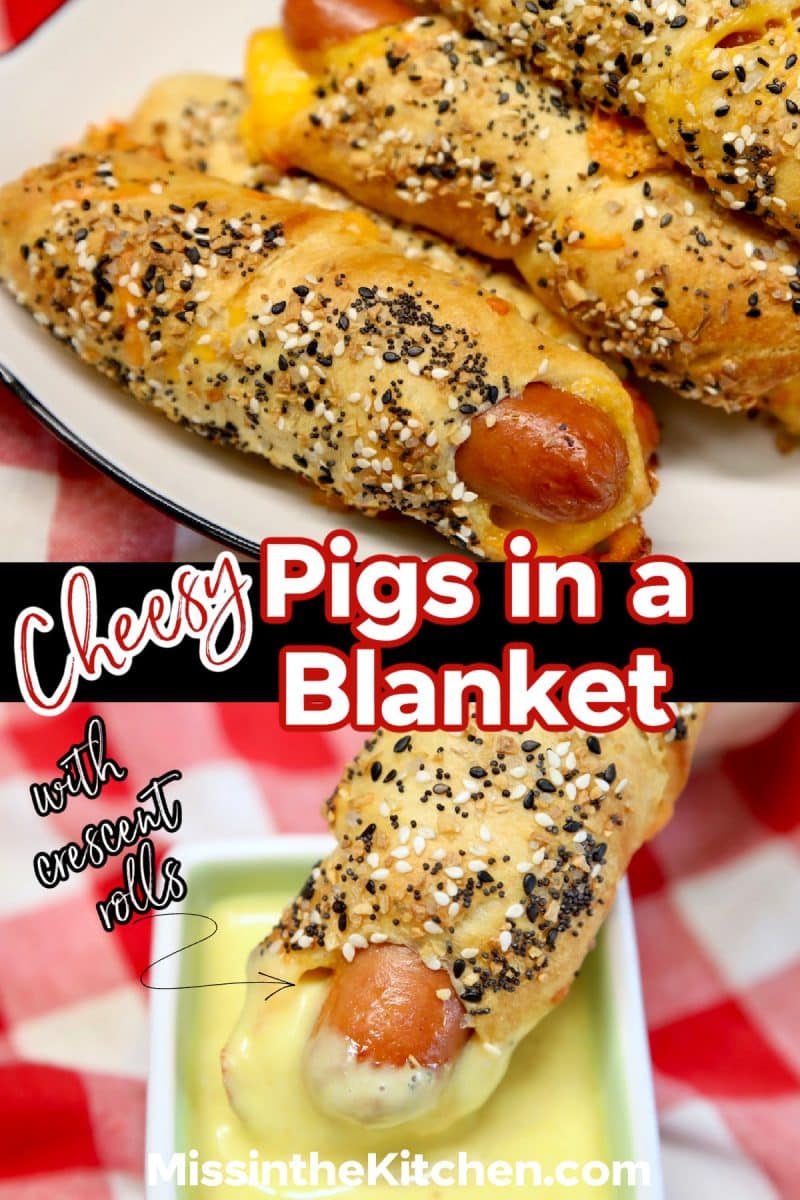 Collage of pigs in a blanket: platter/dipping in sauce.