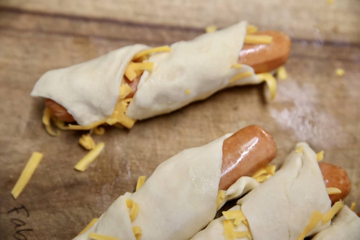 Crescent dough wrapped around hot dog.