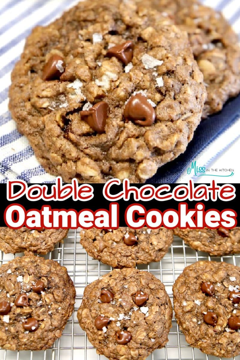 Collage: double chocolate oatmeal cookies /on cooliing rack - text overlay.