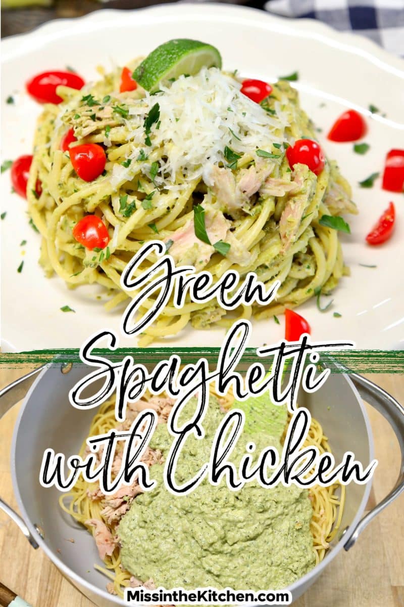 Collage: chicken poblano spaghetti on a plate/in pan.