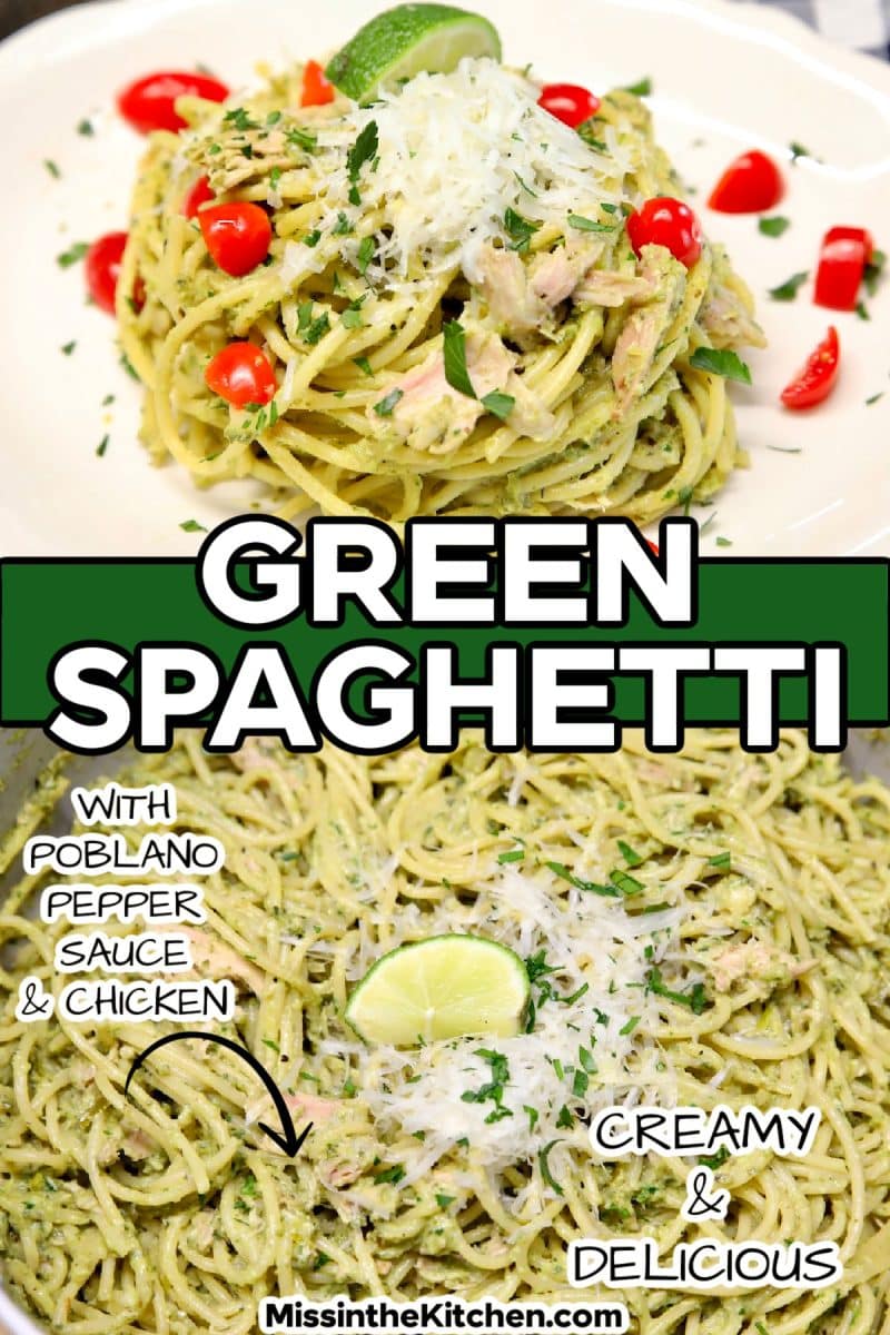 Collage: green spaghetti on a plate/in pan - text overlay.
