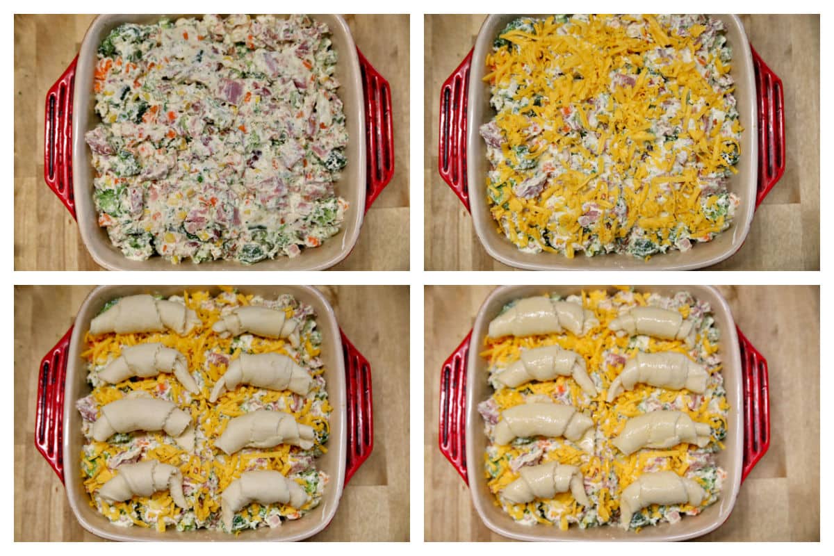 Collage: Ham pot pie layers with crescent dough.