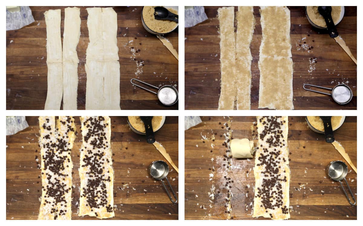 Step by step to make croissant muffins with chocolate chips and coconut.