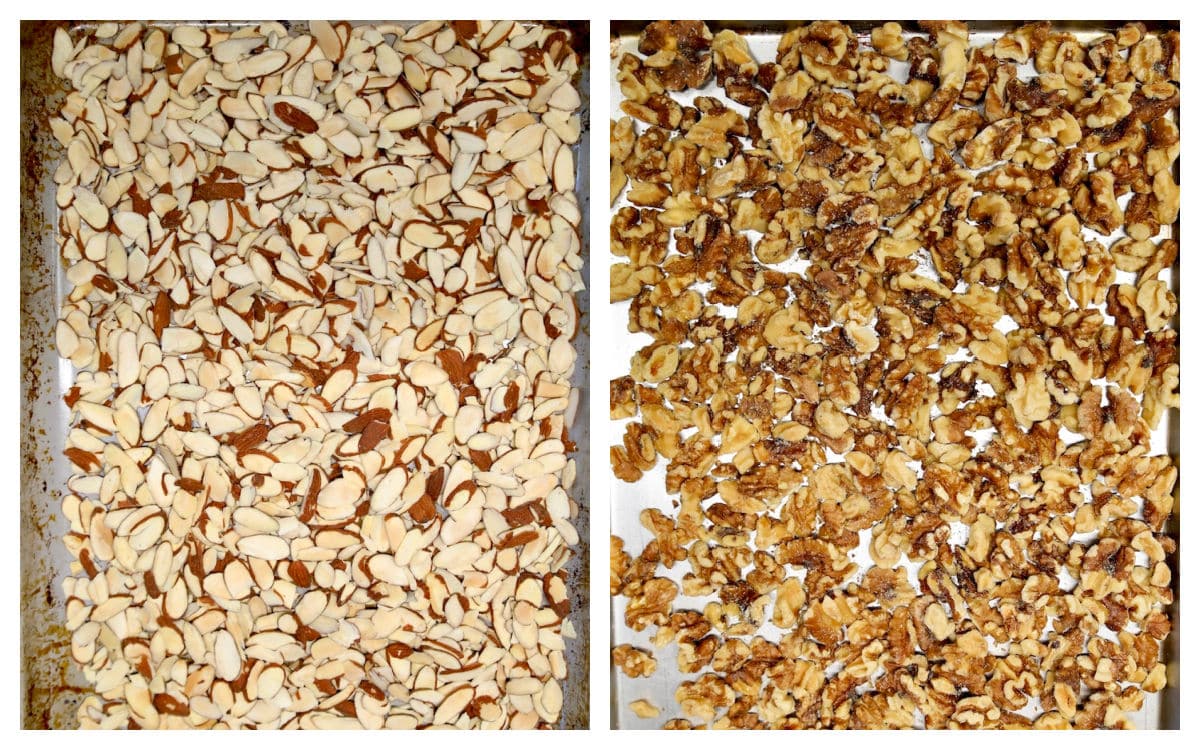 Toasted nuts on sheet pans.