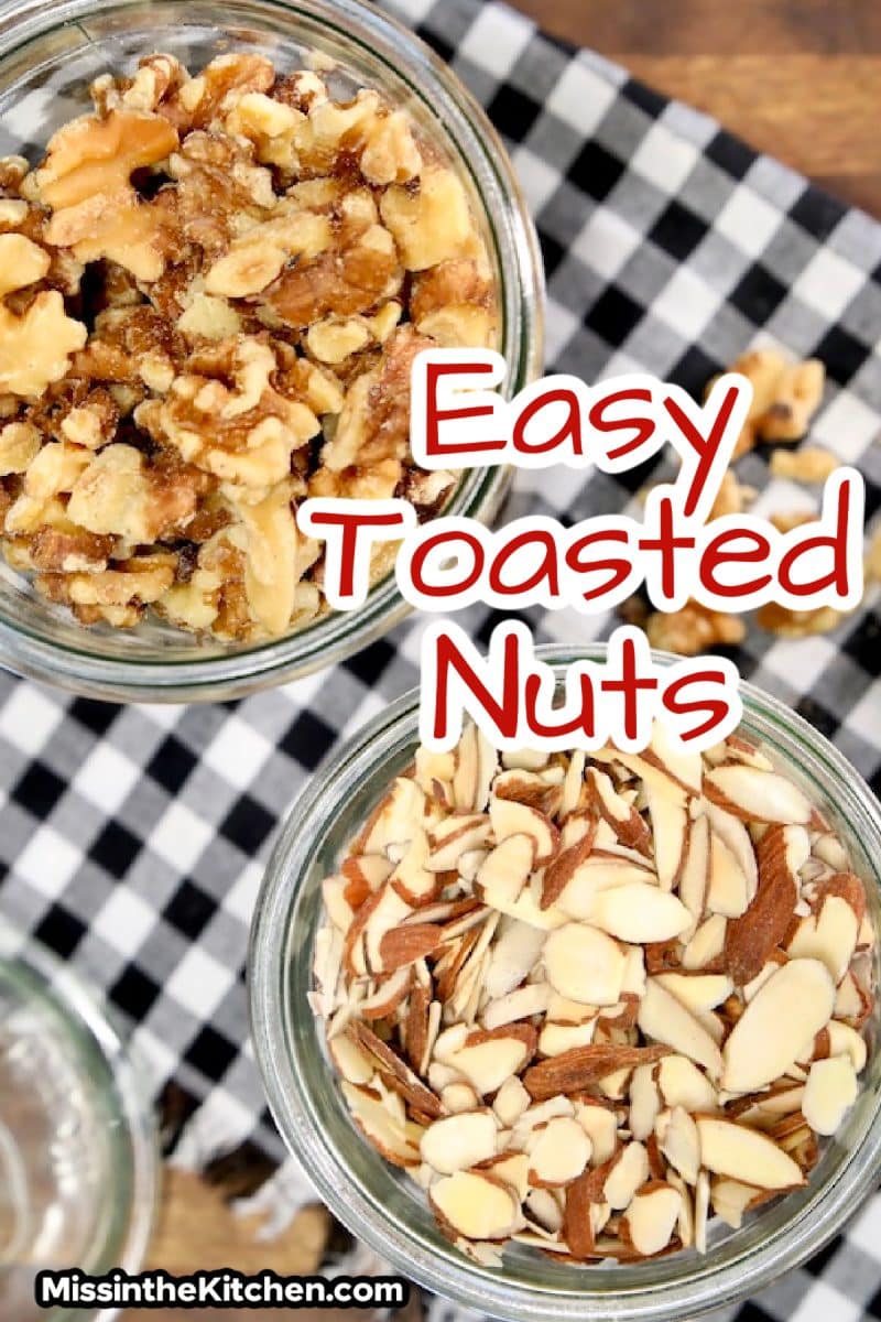 2 glass jars of toasted nuts - text overlay.