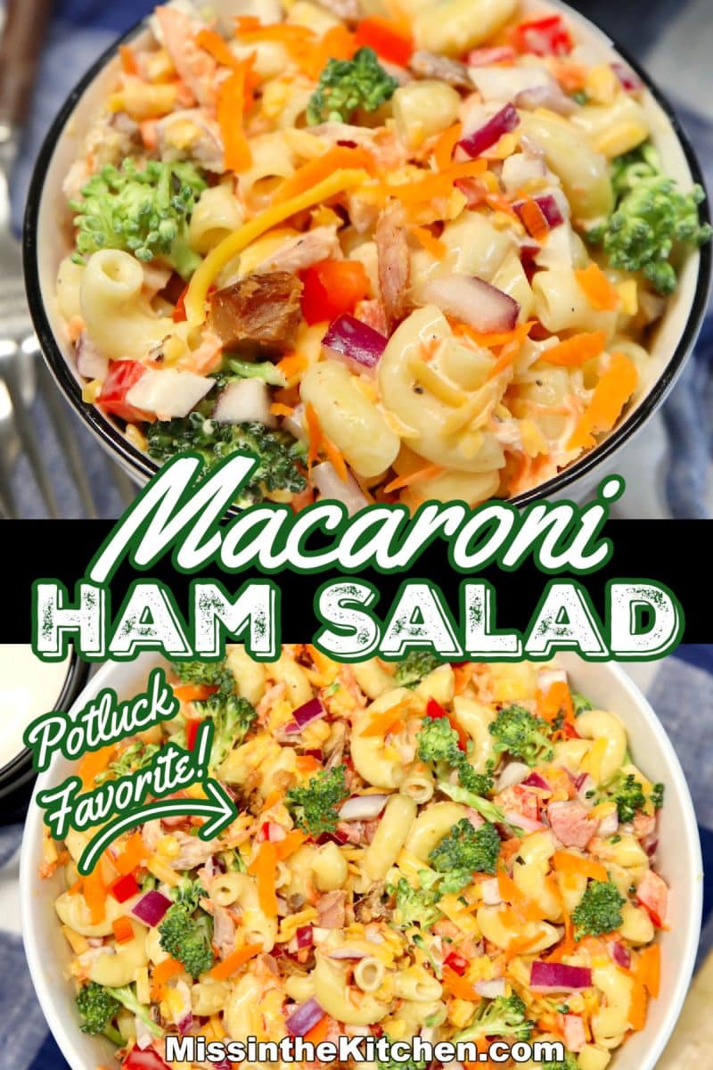 Macaroni salad in a small bowl, serving bowl - text overlay.