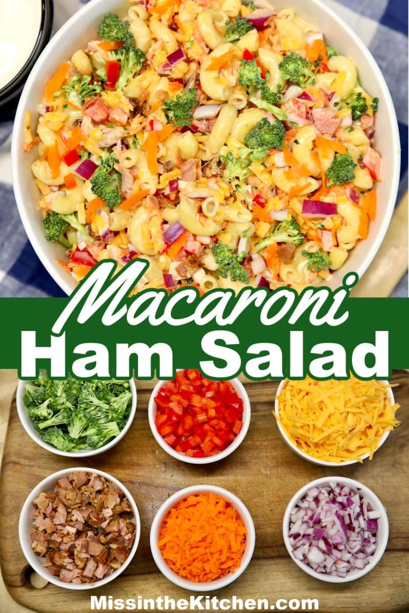 Bowl of macaroni salad/ ingredients in bowls.