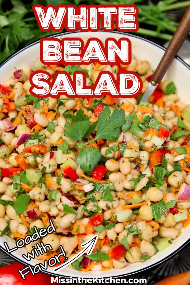 White Bean Salad recipe with vegetables in a bowl.