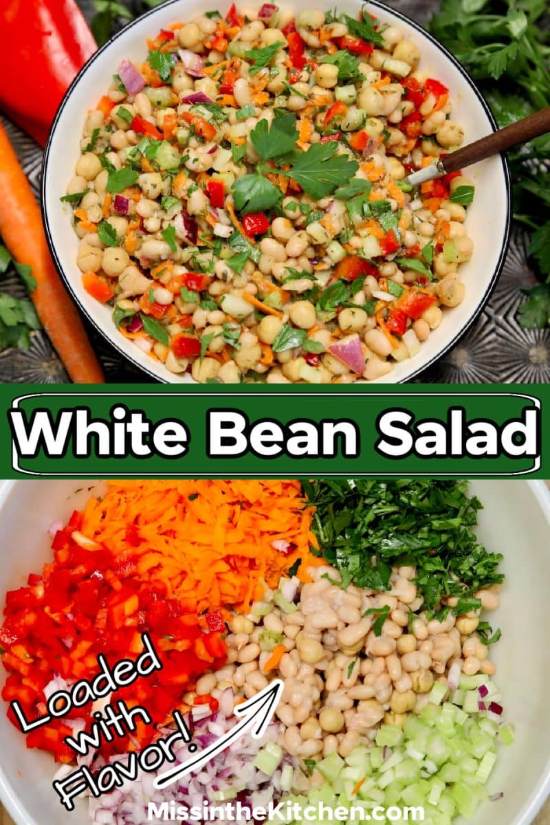 White bean salad collage: in a bowl - not mixed.