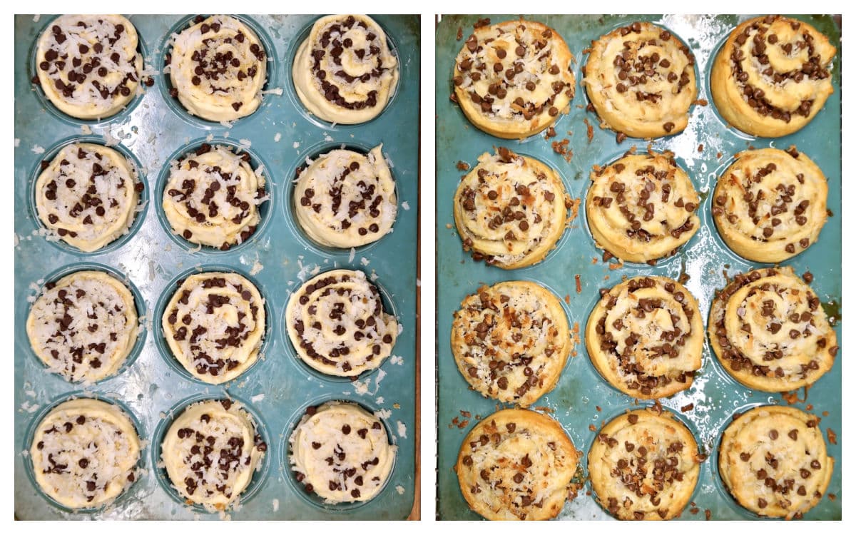 Collage: cruffins in muffin tin, baked.