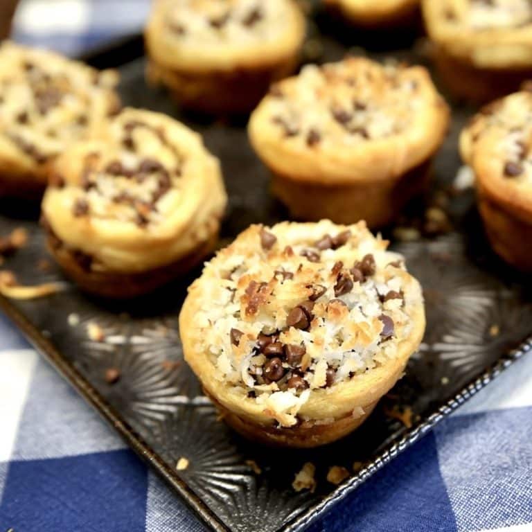 Coconut chocolate chip croissant muffins.