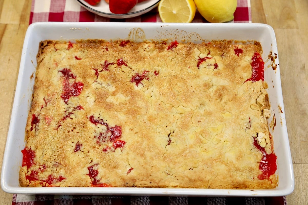 Baked dump cake with strawberry lemon filling.