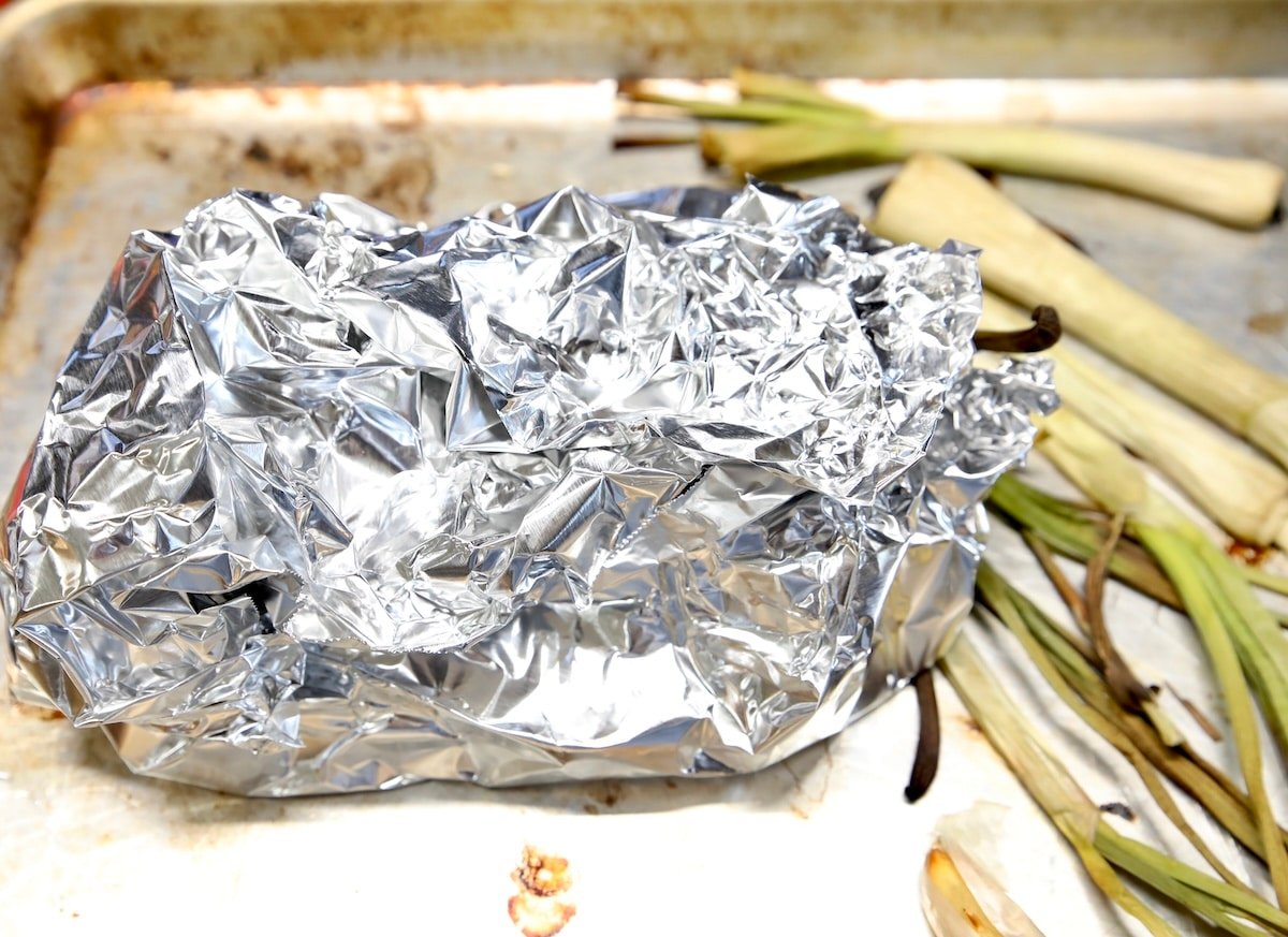 Poblano peppers in foil packet.
